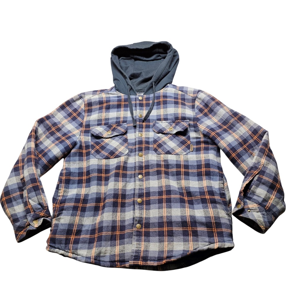 Legendary Outfitters Hooded Flannel Shirt Jacket Mens M Blue Plaid Quilt Lined